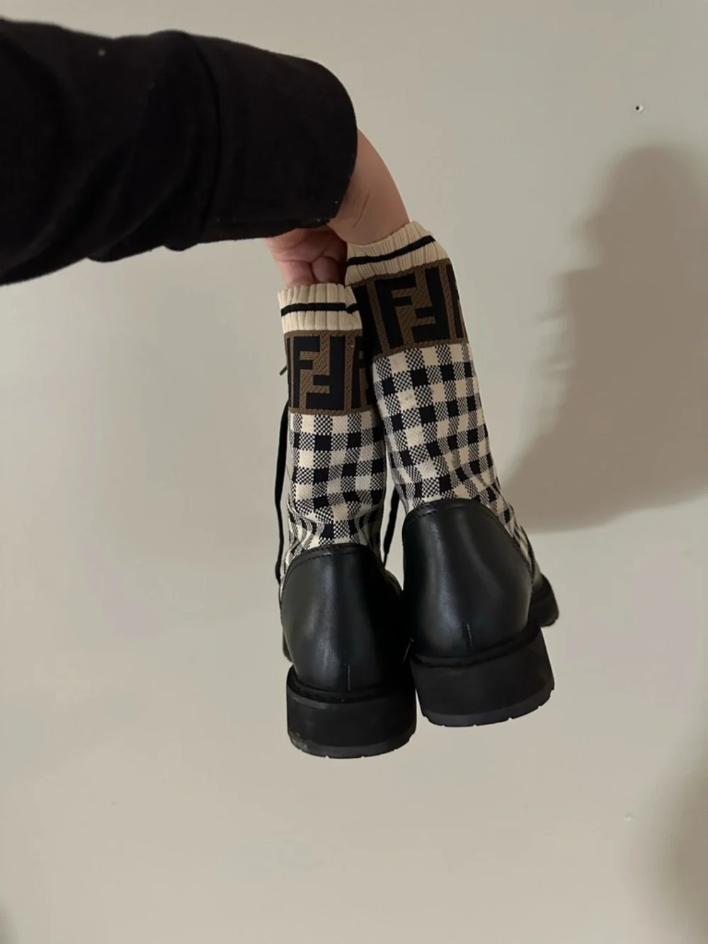 Fendi Black Leather & Cream Check Lace-Up Combat Boots - Picture 2 of 4